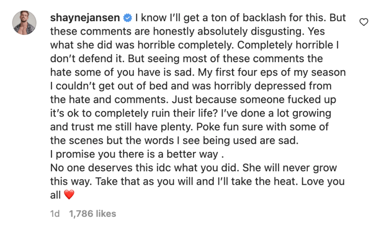 Shayne's comment on Irina's Instagram