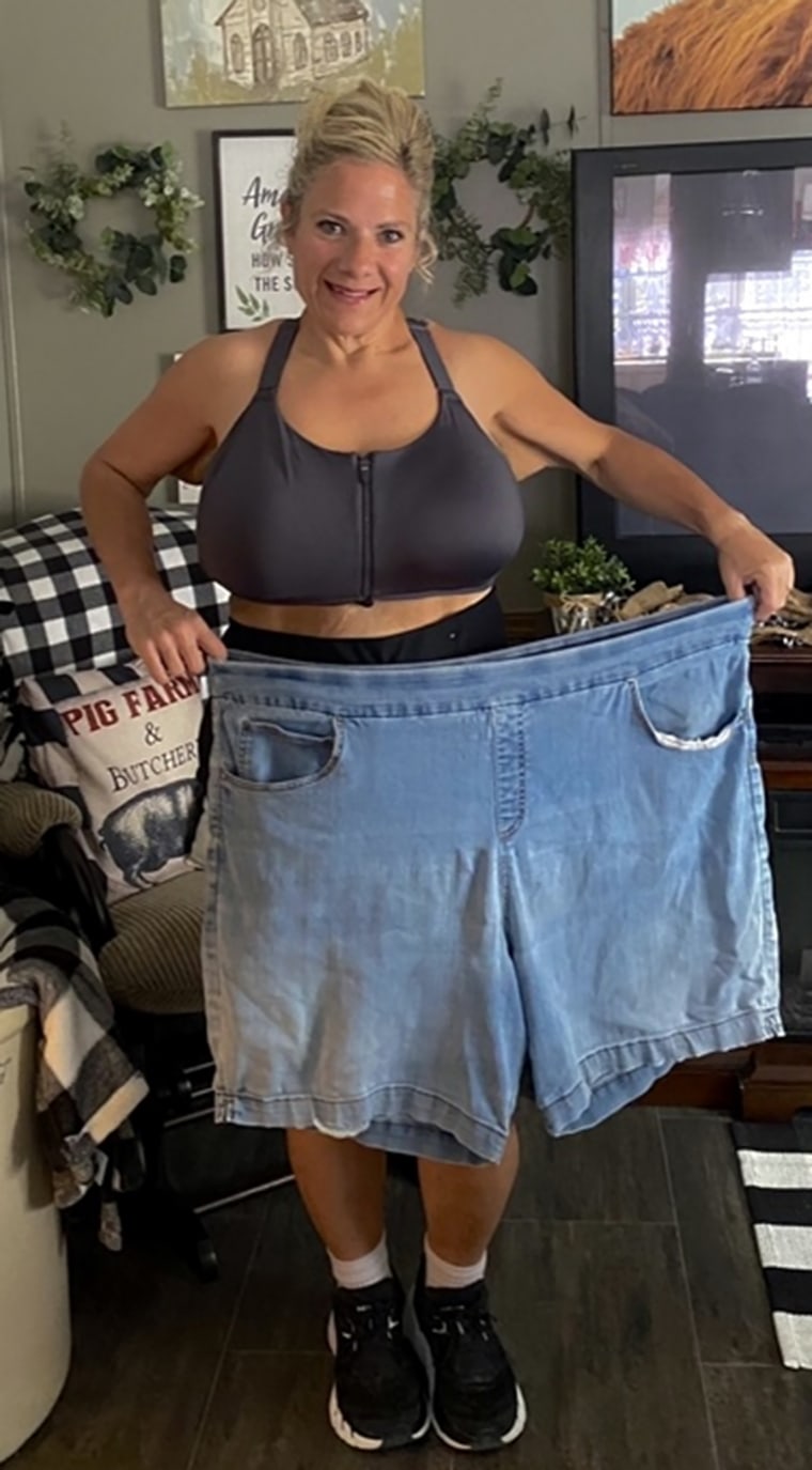 She lost 144 pounds and went from a size 24 to a size 12-14 in shorts. 