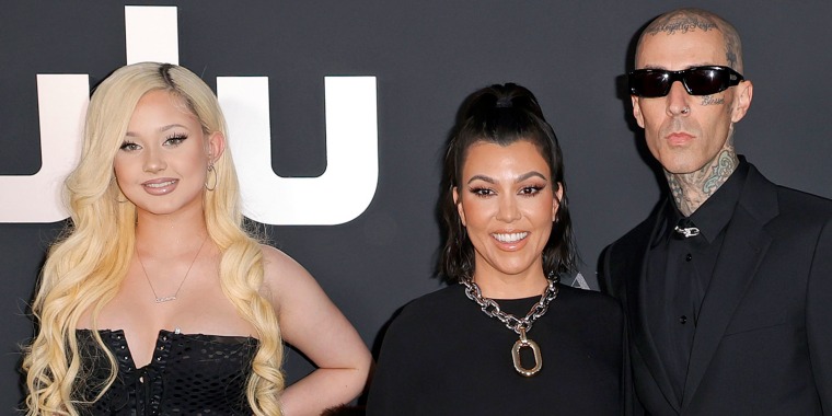 Alabama Barker, Kourtney Kardashian and Travis Barker at "The Kardashians" premiere at Goya Studios on April 7, 2022 in Los Angeles, California.