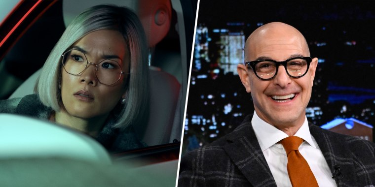 On the left, Ali Wong with a blonde bob looks out the window of her car at night. On the right, Stanley Tucci in a plaid suit, white shirt with a rust orange tie smiles from the set of a late night talk show.