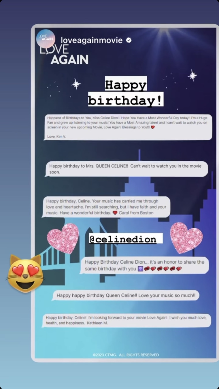 Celine Dion shares an Instagram story from the "Love Again" movie account, which compiled a number of birthday wishes for the singer on March 31.