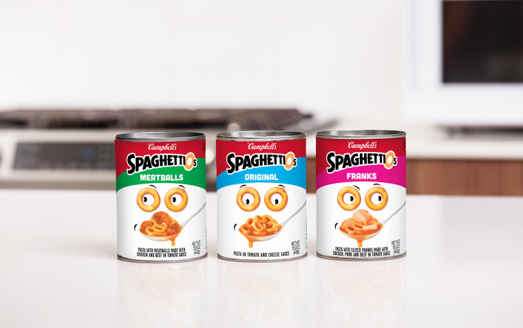 SpaghettiOs 2022 label redesign uses bold modern stripes and a winning retro smile.