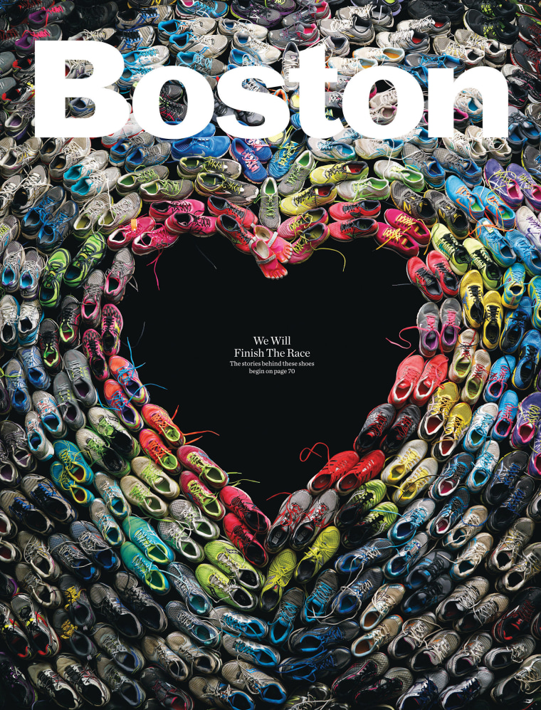 Boston magazine's April 2013 issue featured hundreds of sneakers from runners who ran the marathon. 