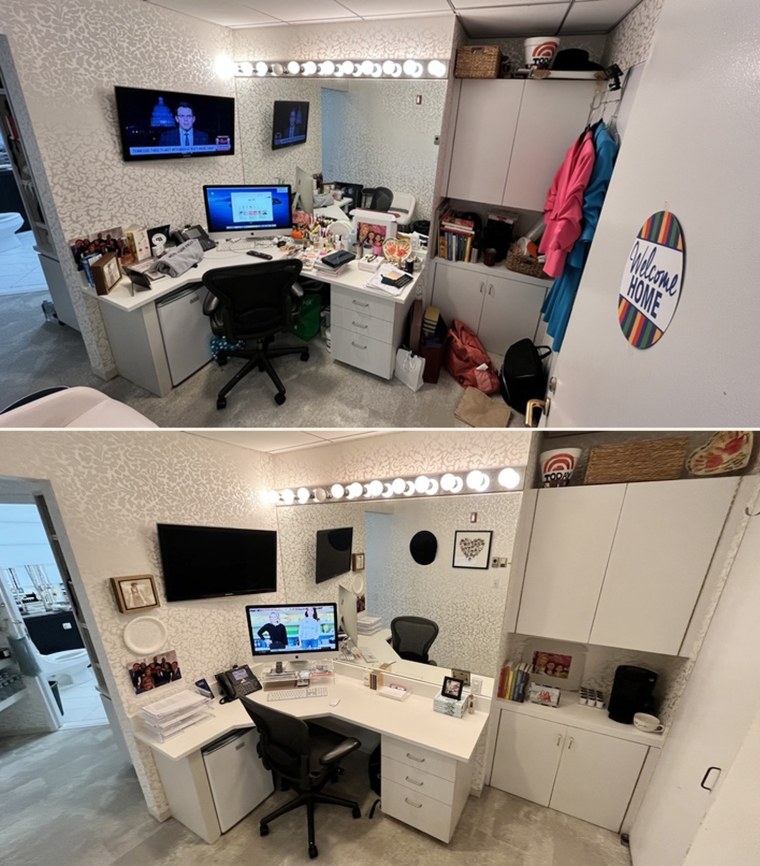 Hoda's office was filled with clutter (top photo) before organization experts Clea Shearer and Joanna Teplin gave the space a much-needed refresh (bottom).