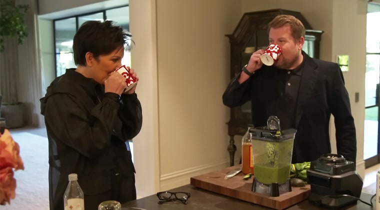James Corden makes Kris Jenner a smoothie while acting as her assistant for the day.
