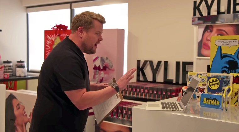 James Corden video chats with Kylie Jenner in her Kylie Cosmetics office.