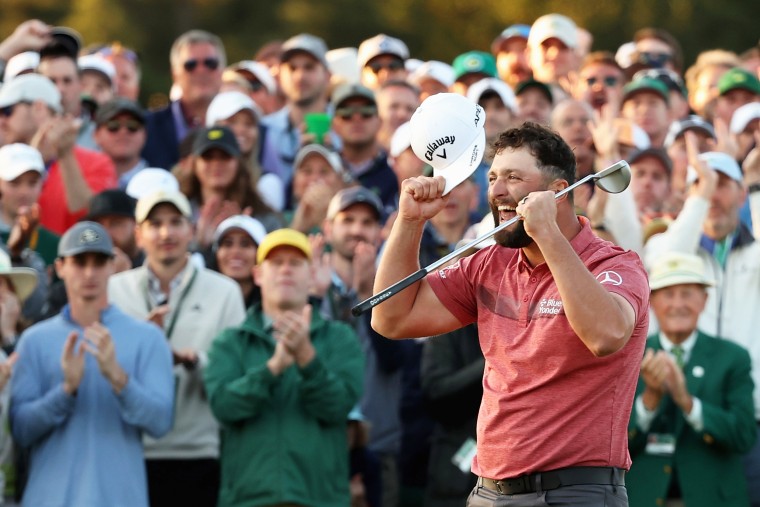 Jon Rahm of Spain celebrates on the 18th green after winning the 2023 Masters Tournament on April 09, 2023 in Augusta, Georgia.