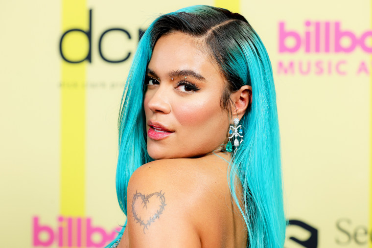 Karol G poses backstage for the 2021 Billboard Music Awards, broadcast on May 23, 2021 at Microsoft Theater in Los Angeles, California. 