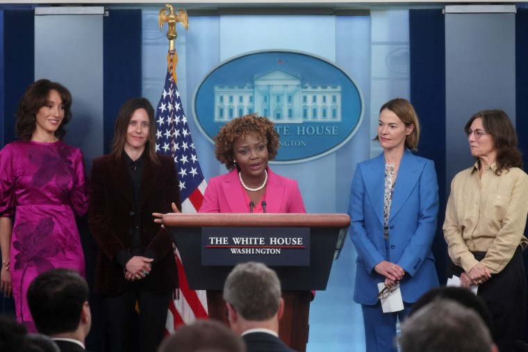 White House Press Secretary Karine Jean-Pierre holds a press briefing with cast members from The L-Word at the White House