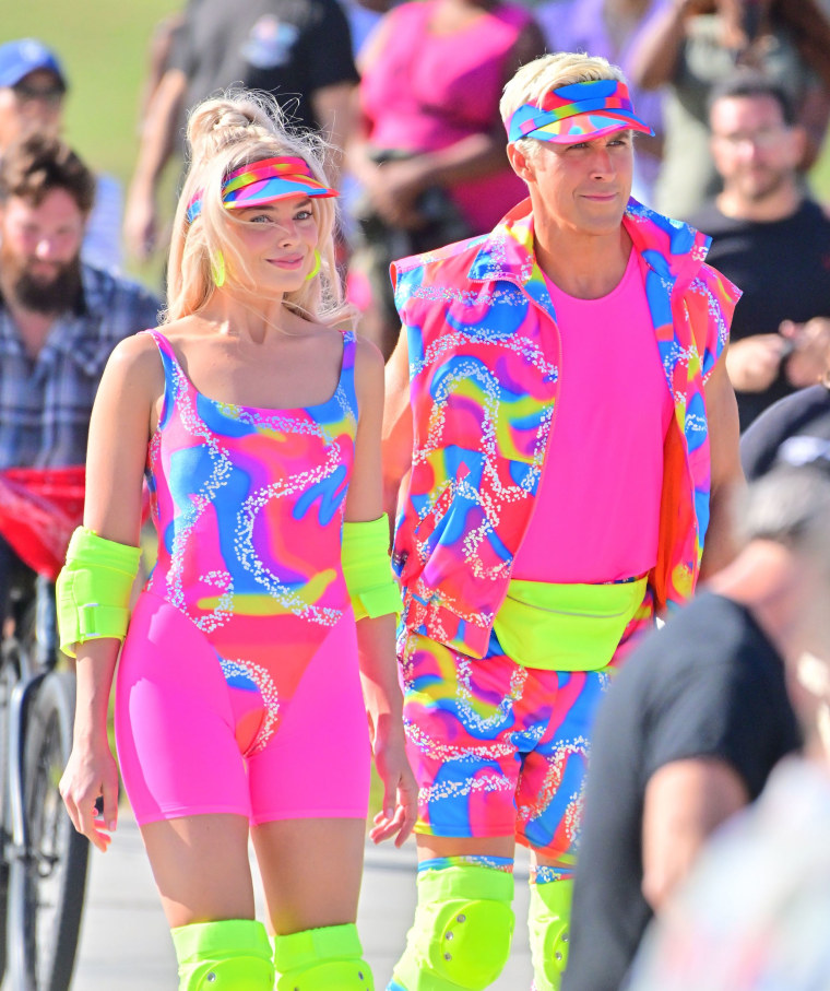The actors on rollerblades filming a "Barbie" scene in Venice California on June 27, 2022. 