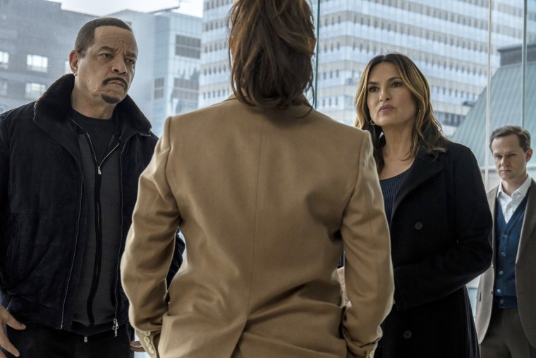 Ice T as Sgt. Odafin "Fin" Tutuola, Mariska Hargitay as Captain Olivia Benson, and Joseph Cross as Martin Parish in Michelle Gomez as Connie Parish on "Law & Order: SVU."