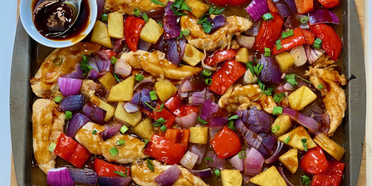 Sheet-pan pineapple chicken is a colorful meal that makes great next-day leftovers.