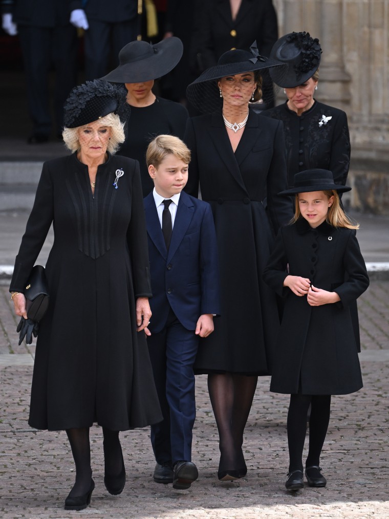 Camilla, Queen Consort, Meghan, Duchess of Sussex, Prince George of Wales, Catherine, Princess of Wales, Princess Charlotte of Wales and Sophie, Countess of Wessex