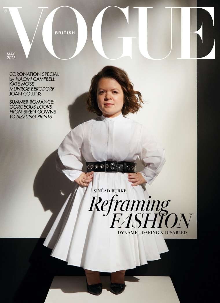 Image shows Sinéad Burke, a white, queer little person, on the cover of British
Vogue.