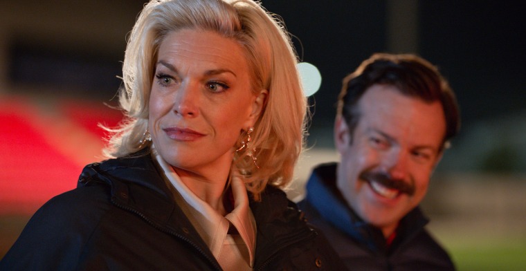 Hannah Waddingham and Jason Sudeikis in a scene from the Apple TV+ comedy "Ted Lasso."