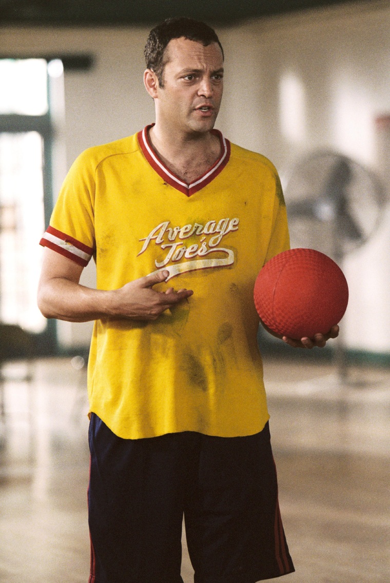 Film still of Vaughn holding a dodgeball and wearing an "Average Joe's" team jersey.