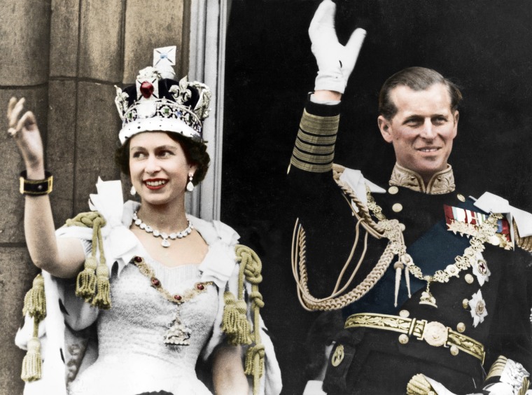 Queen Elizabeth II and the Duke of Edinburgh on the day of their coronation at Buckingham Palace in 1953.
