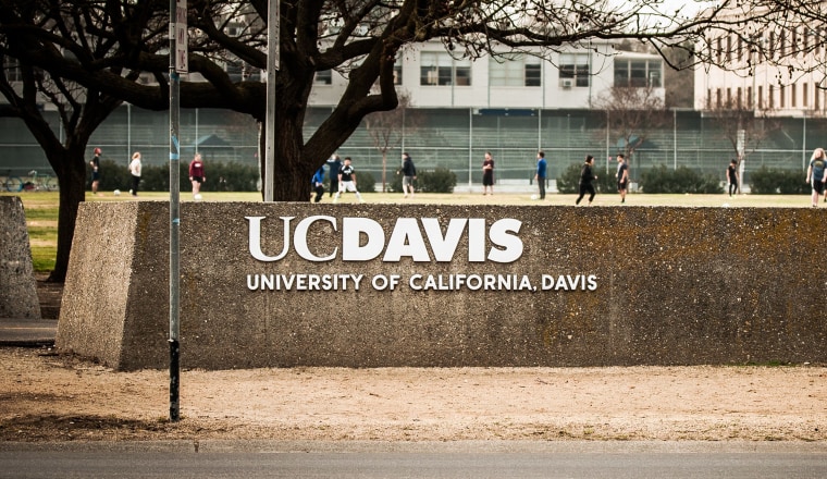 Image: UC Davis The UC Davis logo with a soccer game and bike riders in the background, on Feb. 2, 2015, in Davis, Calif.