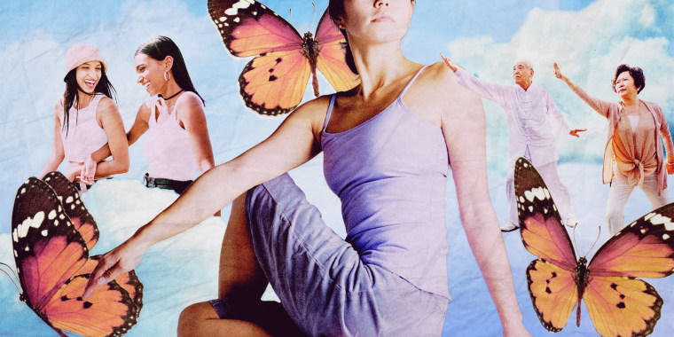 Photo Illustration: A collage of images including two South Asian women smiling and talking, a woman doing yoga in purple gym clothes, and an elderly Asian couple performing Tai Chi