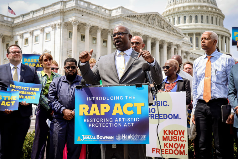 Image: Rep. Jamaal Bowman, D-N.Y., speaks during a news conference outside the U.S. Capitol on the reintroduction of the Restoring Artistic Protection (RAP) Act, on April 27, 2023.