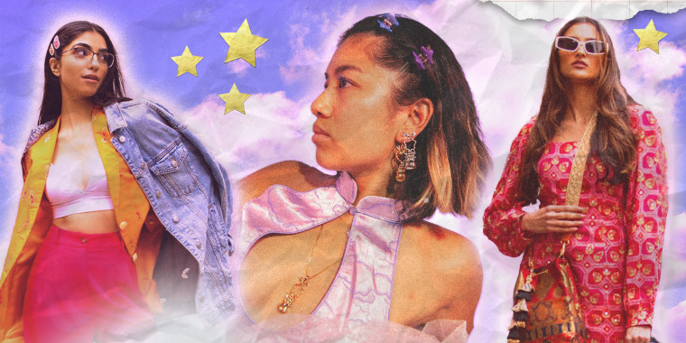 Collage of three women against a a purple-tinted sky background; gold star stickers overlay the image