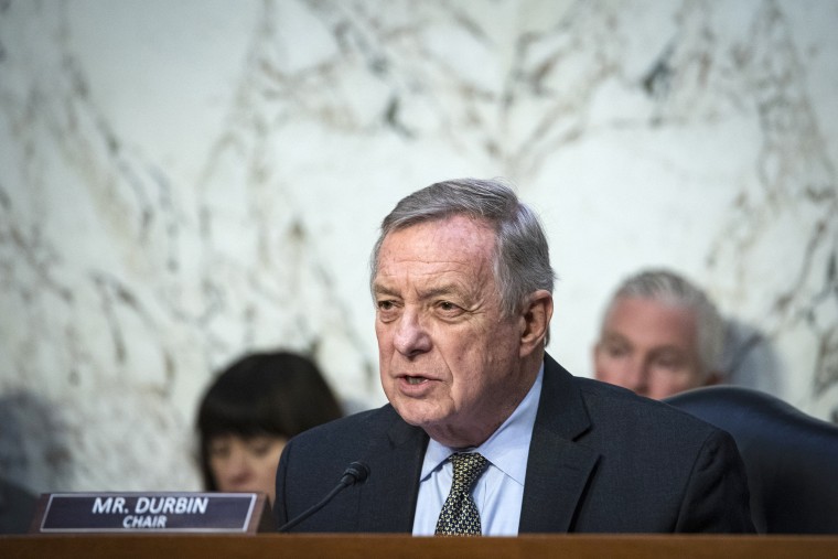 Senator Dick Durbin, a Democrat from Illinois and chairman of the Senate Judiciary Committee, speaks during a hearing in Washington, DC, US, on Tuesday, Jan. 24, 2023.Senators during the hearing blamed Live Nation Entertainment's market dominance for soaring ticket prices and a terrible customer experience, complaints illustrated by the company's Ticketmaster unit bungling the massive demand for Taylor Swift tickets last year. Photographer: Al Drago/Bloomberg via Getty Images
