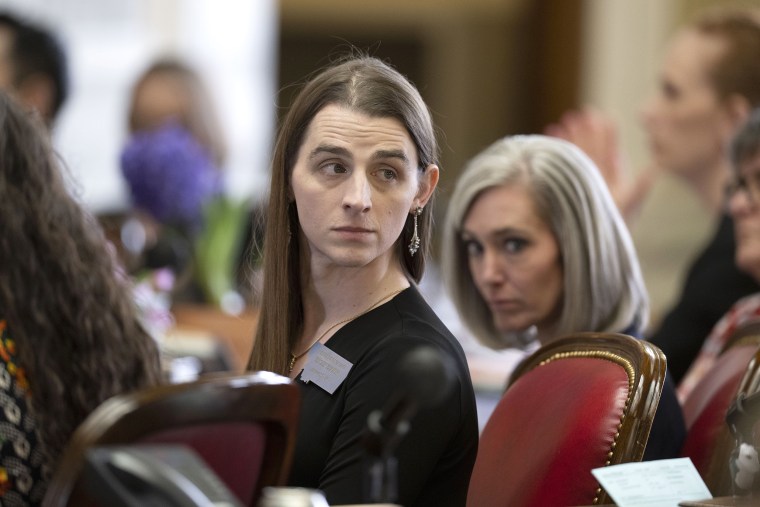 Rep. Zooey Zephyr looks on from the House floor during a session at the Montana State Capitol in Helena, Mont., on April 26, 2023. 