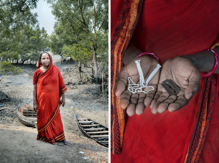 Midwife Shefali Bibi holds items from a vaginal delivery kit she carries with her during home visits.