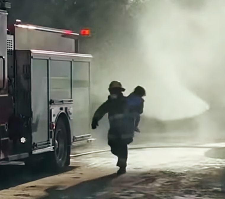 A firefighter rescues a child from a car after a mother and her two children were swarmed by bees in Arizona's Buckeye Valley.