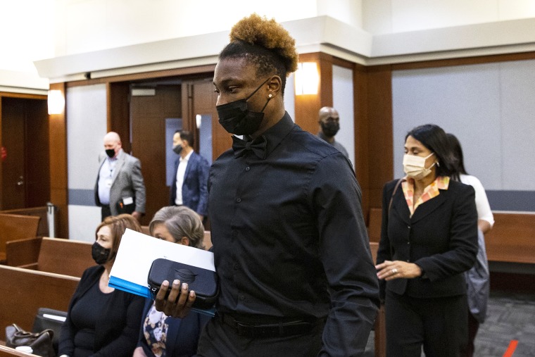 Former Las Vegas Raiders player Henry Ruggs III appears in court at the Regional Justice Center on November 22, 2021 in Las Vegas, Nevada. Ruggs has been ordered to wear an ankle monitor to measure his alcohol level after he missed a court-ordered test. Ruggs faces DUI charges after a fatal car crash.
