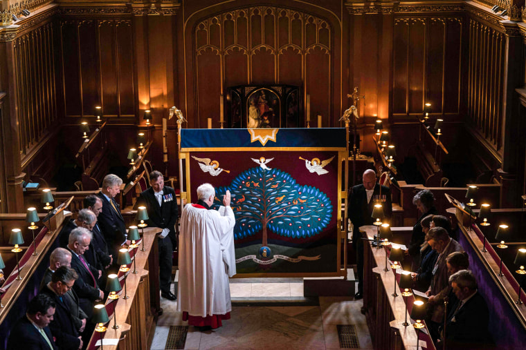 Image: The anointing screen, which will be used at the coronation of King Charles III and has been handcrafted by the Royal School of Needlework, is blessed in front of a small congregation in the Chapel Royal at St James's Palace in London April 24th.  2023.
