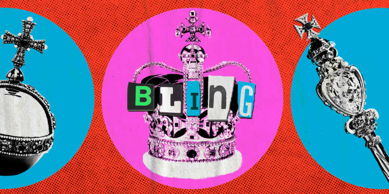 Photo illustration of ceremonial orb, crown, and scepter to be used at King Charles' coronation  placed in circles; "Bling" spelled out in newspaper lettering