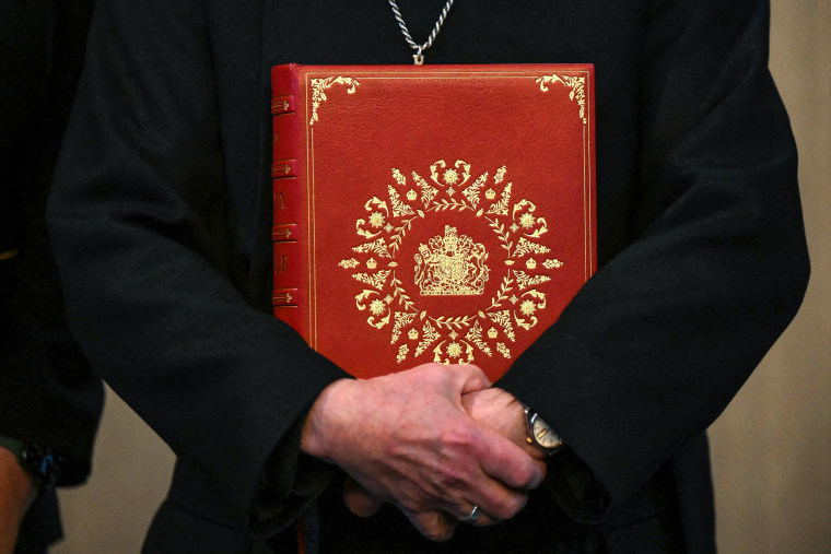 Image: The Coronation Bible, a specially commissioned Bible which will be used during the Coronation Service when The King takes the Coronation Oath, held by The Archbishop of Canterbury Justin Welby, in Lambeth Palace in London on April 20, 2023.