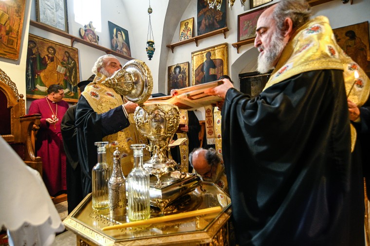 Oils from the Mount of Olives being mixed with essential oils and blessed in Jerusalem to become Holy Oil, which will be used in the Coronation of King Charles III, on March 3, 2023.