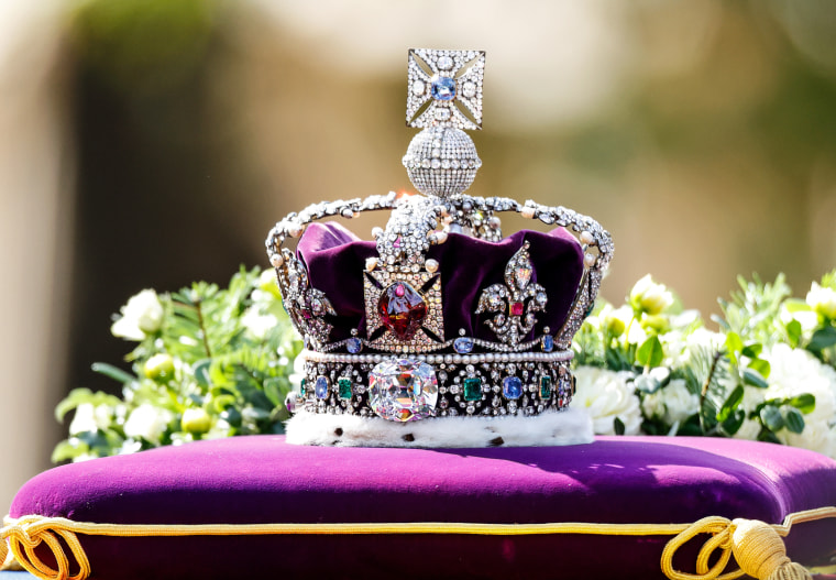 The Imperial State Crown sits on top of Queen Elizabeth II's coffin on Sept. 14, 2022 in London.