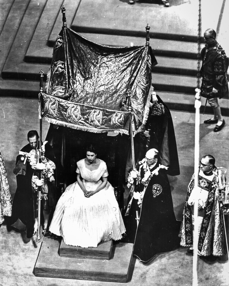 The canopy is placed over Queen Elizabeth II for the anointing ceremony during her coronation on June 2, 1953.