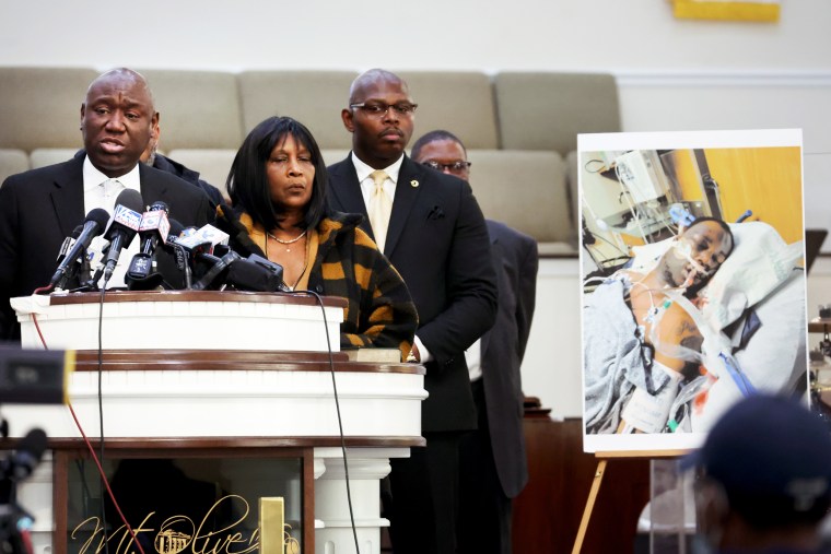 Attorney Ben Crump, RowVaughn Wells, and Rodney Wells speak during a press conference about Tyre Nichols 