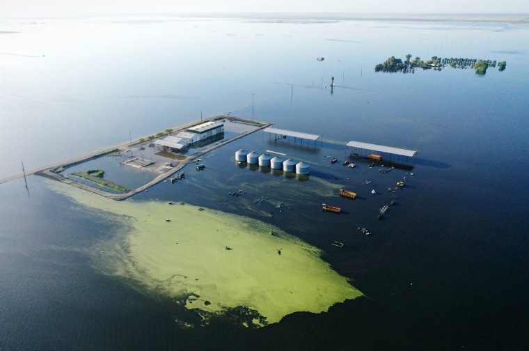 Floodwaters inundate farmland in the reemerging Tulare Lake, in California's Central Valley on April 27, 2023.