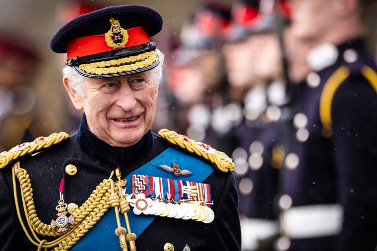 Image: Britain's King Charles III inspects the march of graduating officer cadets during the 200th Sovereign Parade at the Royal Military Academy, Sandhurst, southwest London, on April 14, 2023.