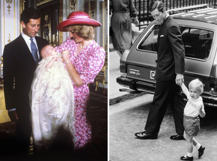 Prince Charles and Princess Diana hold their newborn son Prince William at his christening on Aug. 4, 1982; Prince Charles brings Prince William to the Lindo Wing of St Mary's Hospital to visit his new brother Prince Harry on Sept. 16, 1984.