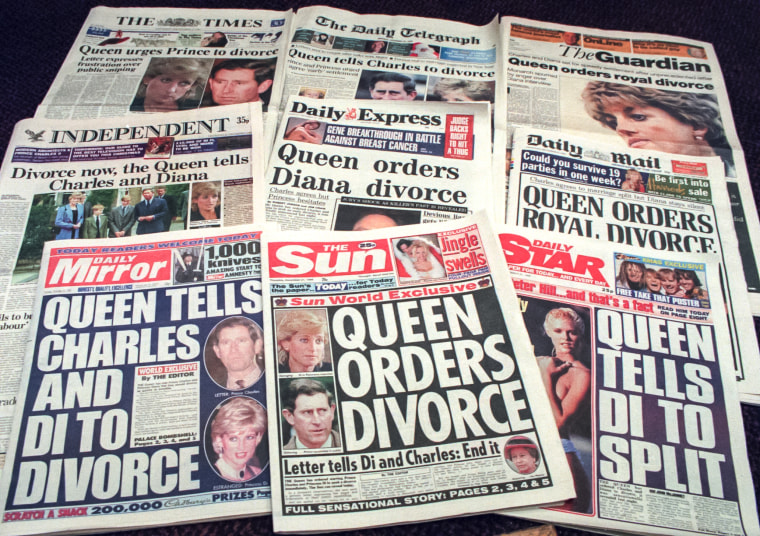 The British newspapers front page headlines regarding the marriage of Prince Charles and Princess Diana on Dec. 21, 1995.