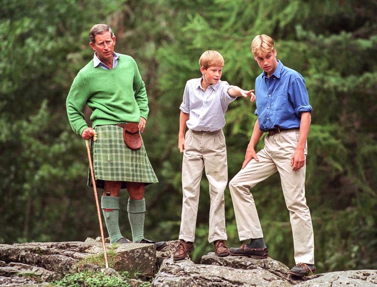 Prince Charles with Prince William and Prince Harry at Glen Muick on The Balmoral Castle Estate, Scotland, on Aug. 16, 1997.