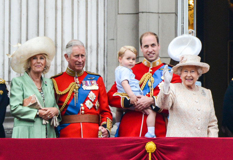 Camilla, Duchess of Cornwall and Prince Charles, Prince of Wales, Prince William, Duke of Cambridge with Prince George of Cambridge, Queen Elizabeth II, Catherine, Duchess of Cambridge, during the annual Trooping The Colour ceremony at Buckingham Palace on June 13, 2015 in London.
