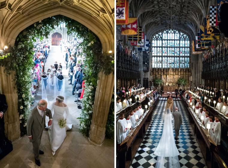 Meghan Markle is accompanied by Prince Charles down the aisle in St George's Chapel, Windsor Castle, in Windsor, on May 19, 2018 during the wedding ceremony of Harry and Meghan.