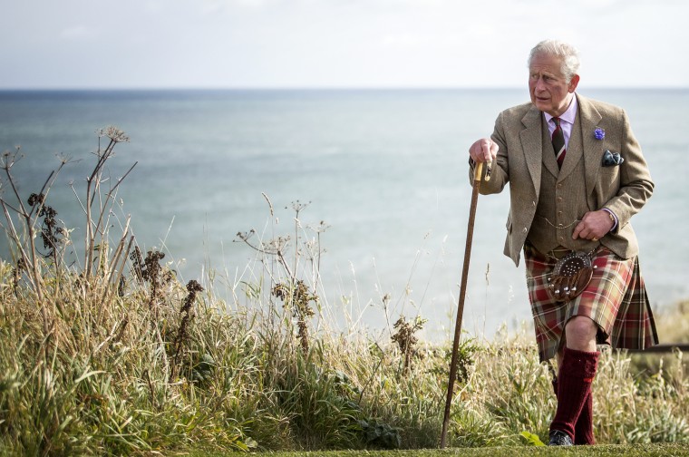 Prince Charles during a visit to Dunnottar Castle, the cliff top fortress which was once the home of the Earls Marischal, near Stonehaven on Oct. 2, 2019.
