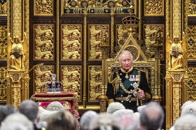 Prince Charles sits by the Imperial State Crown as he delivers the Queen’s Speech during the state opening of Parliament at the House of Lords on May 10, 2022 in London.