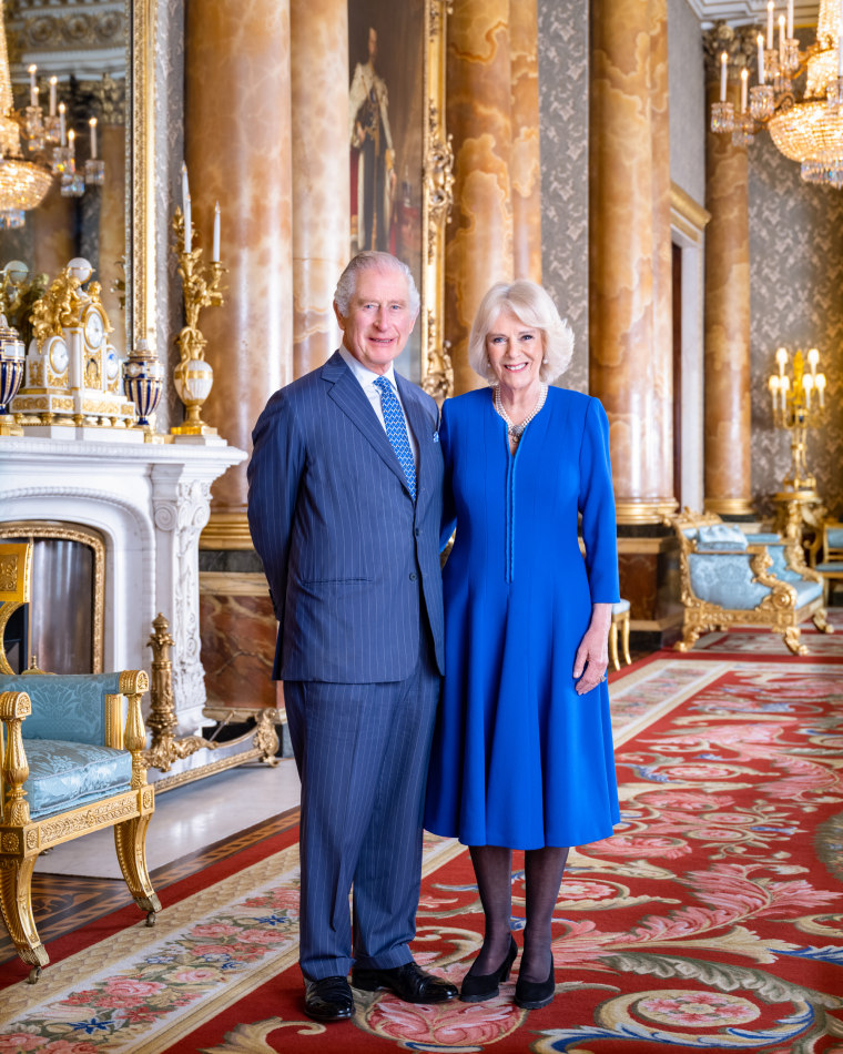 King Charles III and the Queen Consort in the Blue Drawing Room at Buckingham Palace, London, March 2023.