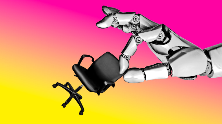 Photo illustration of a robotic hand grabbing an office chair.