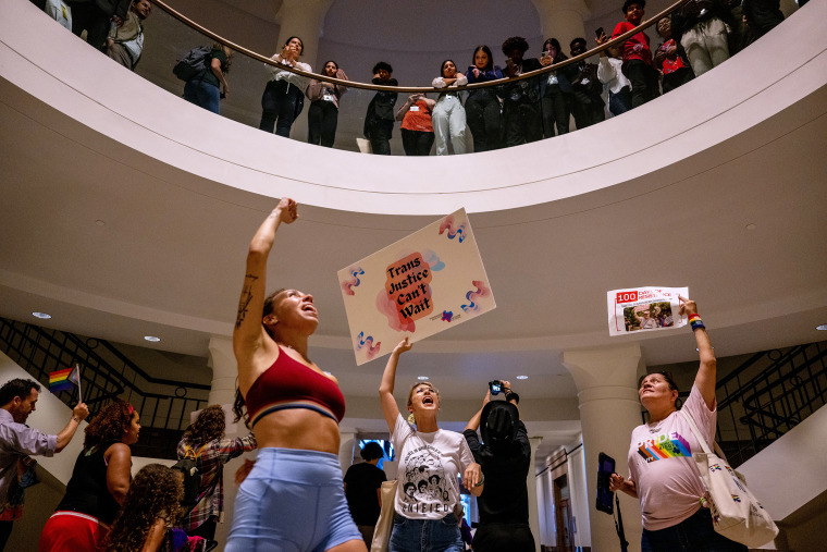 Community members and activists  protest against numerous anti-LGBTQ+ and drag bills being proposed in the legislature at the Capitol in Austin, Texas, on April 20, 2023.