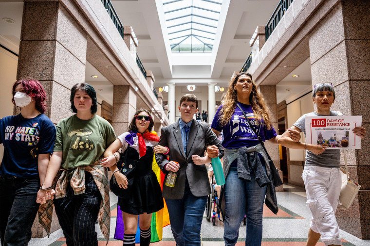 Community members and activists  protest against numerous anti-LGBTQ+ and drag bills being proposed in the legislature at the Capitol in Austin, Texas, on April 20, 2023.